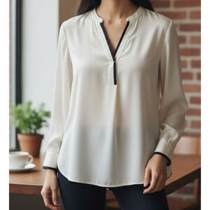 Vince Tipped Contrast 100% Silk Blouse Tan Size 4 Office Quiet Luxury Minimalist